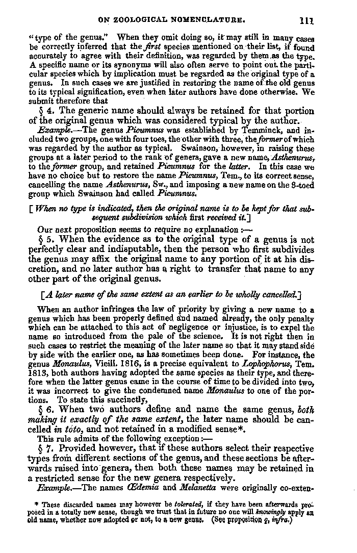 Report of a Committee appointed “to consider of the rules by which the Nomenclature of Zoology may be established on a uniform and permanent basis.” Strickland et al., 1842. Page 111